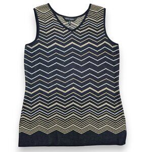 MING WANG Sleeveless Knit Tank Top V Neck Chevron Zigzag Striped Navy Tan Medium